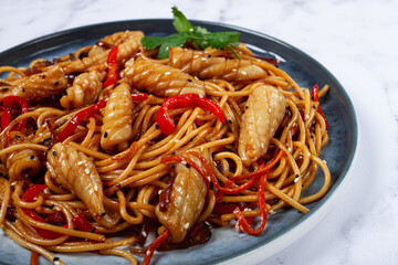udon noodles, with squid and vegetables, on a marble table, homemade, no people,