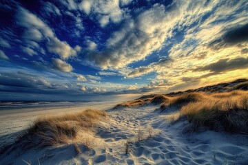 A sandy beach with dunes and sea grass, overlooking the ocean under a blue sky with white clouds.