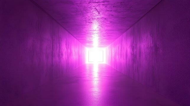 Ultraviolet neon laser glowing square lines in a light tunnel, forming an abstract 3D background with space for advertisements.