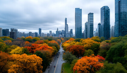 Autumn aerial over Central Park with a skyline background of Manhattan on a cloudy day