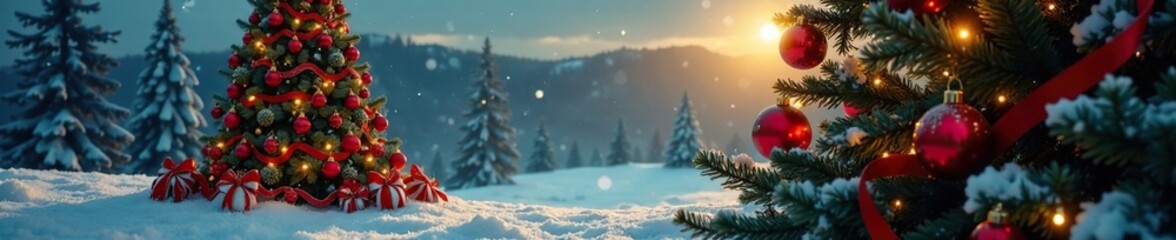 Obraz premium Tall Christmas tree adorned with red and gold balls and ribbons, winter landscape, decorations