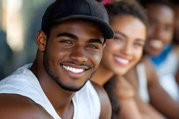 Smiling Man with Friends: Joyful Group Portrait,  Expressing Happiness and Camaraderie Outdoors