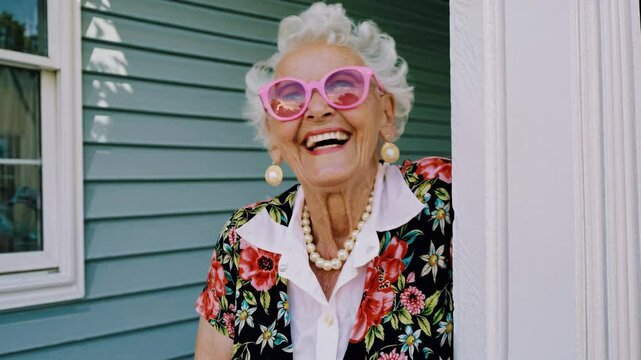 A vibrant video showcasing a joyful elderly woman in pink sunglasses, exuding fun and style. Captured with a close-up camera angle.