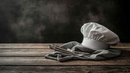 chefs hat on wooden table in a  kitchen with essentials