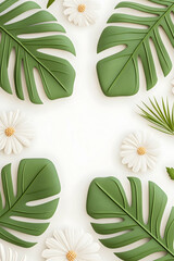 Botanical layout featuring Monstera leaves and white daisies, flat lay. Background for creative designs
