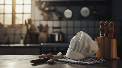 chefs hat on wooden table in a  kitchen with essentials