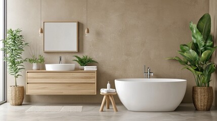 Fototapeta premium A modern bathroom featuring a freestanding tub, wooden vanity, plants, and a minimalist aesthetic.