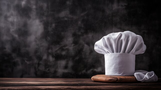 chef hat on wooden table with copy space for text 