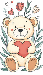 Fototapeta premium Cartoon bear holding heart, amidst floral foliage, for love, gift, card