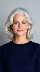Charming mature woman smiles at camera, in studio setting, with a plain background for advertising