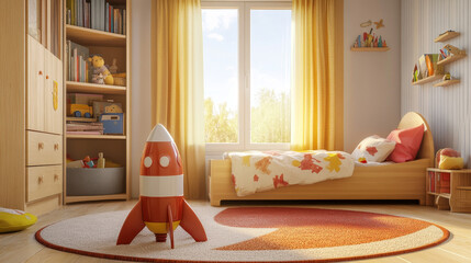 Kids bedroom, empty child room indoors interior with bed, pillow on rug, cupboard, rocket toy and books on shelves, wooden furniture and wide curtained window, cozy place Cartoon vector illustration