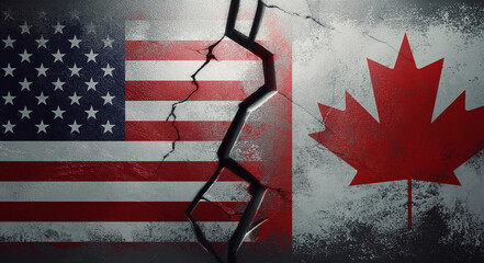 US vs Canada trade war and economic tension as a cracked metal wall separates the national flags. Business competition between American and Canadian states creating tariff stress imposing import taxes