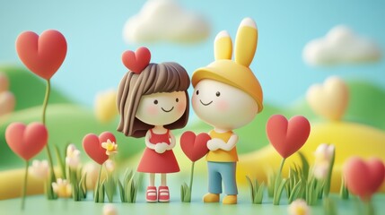 A charming scene featuring cute cartoon characters holding hearts amidst a vibrant landscape. Ideal for expressing love and friendship in a playful, artistic style.