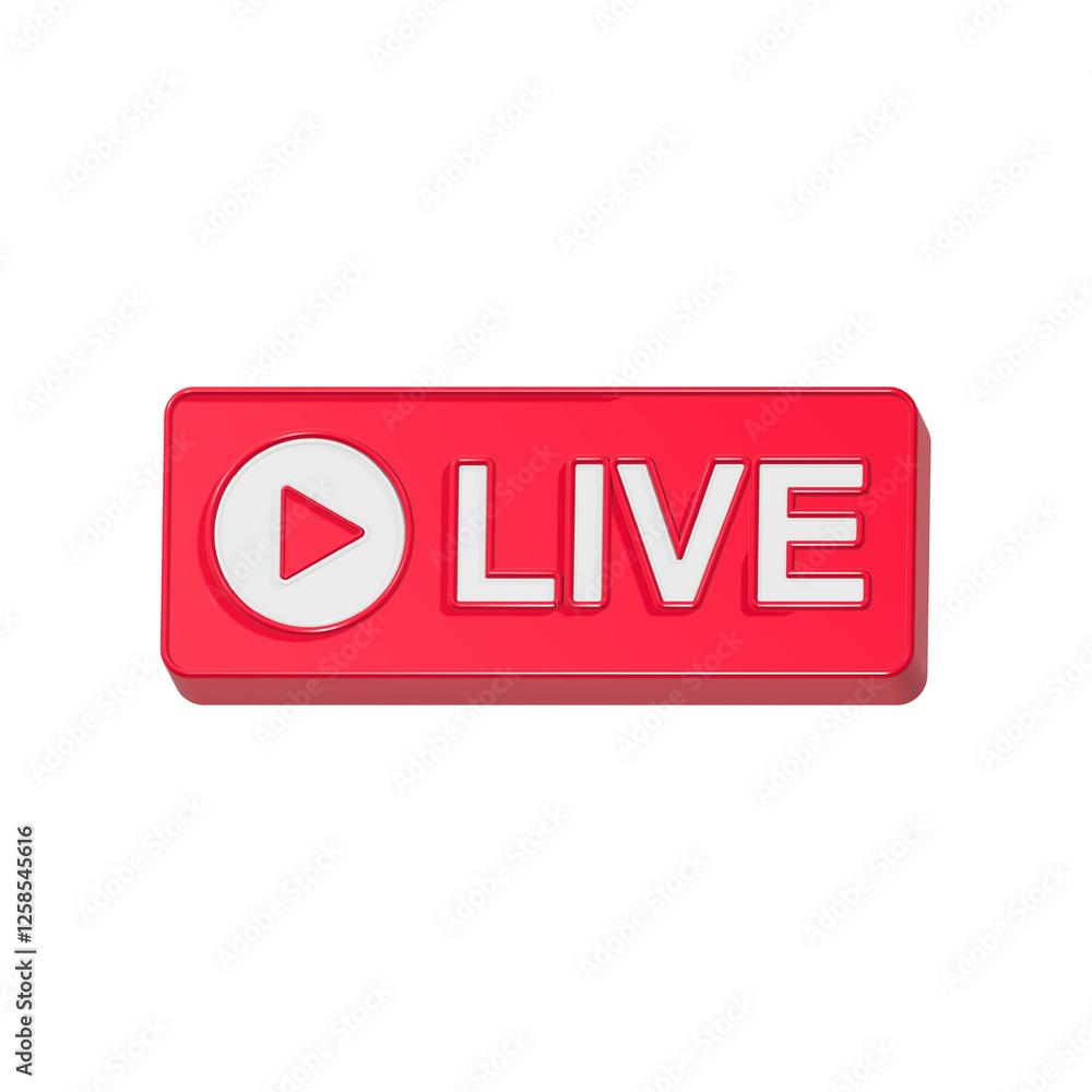 Poster live stream icon red color 3d button