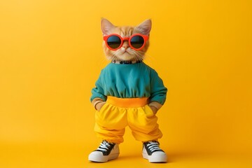Fashionable Feline  A Playful Cat Sporting a Vibrant Y2K Inspired Outfit with Sunglasses  Crop Top  and Chunky Sneakers
