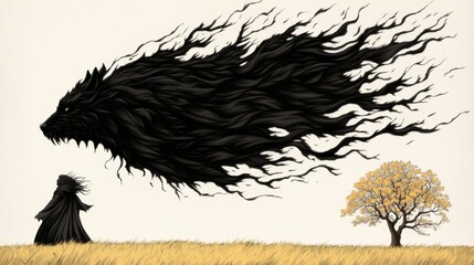 A young woman in a black cloak walks away from a shadowy, wolf-like creature in a field of gold.