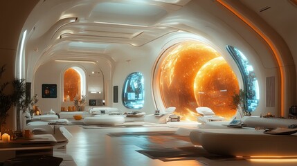 Obraz premium Futuristic lounge boasts stellar views, sleek design