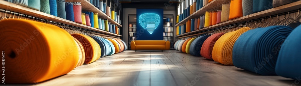 Poster a brightly lit space with colorful cylindrical objects arranged neatly on shelves, creating a vibran