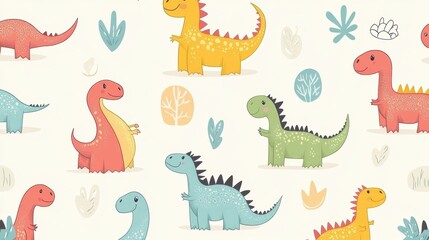 Playful Dinosaurs Pattern, Whimsical Prehistoric Friends Illustration