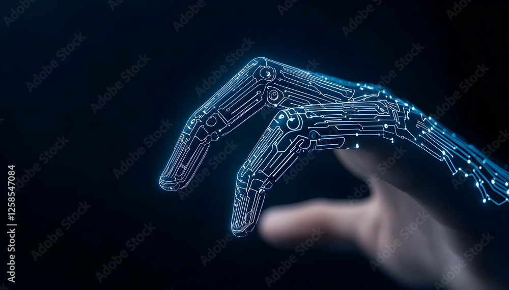 Poster hand connecting tech with circuits on dark background for future technology and innovation