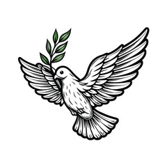 A majestic white dove gracefully holds an olive branch in its beak, a powerful symbol of peace and hope.  High-resolution image, detailed feathers.