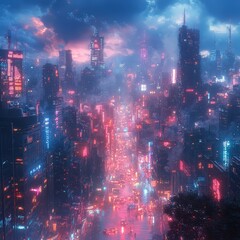 Fototapeta premium Neon cyberpunk aesthetic cityscape with glowing pink and blue lights