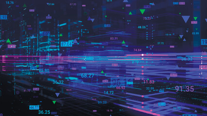Obraz premium Communication network concept. Digital transformation. Engineering, coding with technology icons, numbers and binary code, big data. Data flow information. Digital communication concept. Vector.