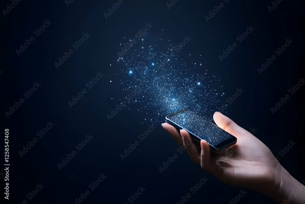 Poster hand holds glowing phone. digital particles float away. mobile tech concept. technology background