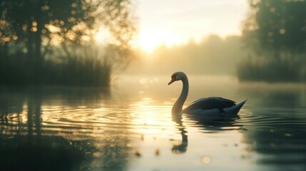 Fototapeta premium Serene Sunrise: A Swan's Golden Reflection