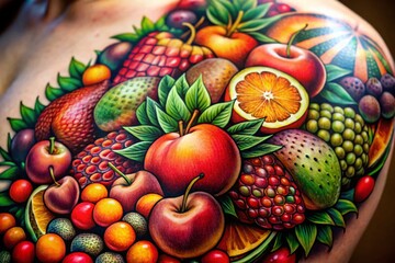 Bold Fruit Doodle Tattoo Style Background - High Depth of Field Stock Photo