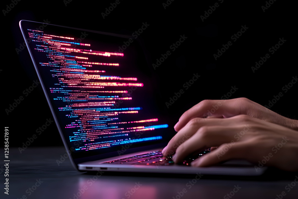 Aufkleber hands type code on a laptop at night, for tech, programming, or software development