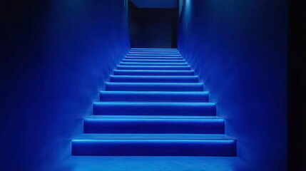 Fototapeta premium A set of blue stairs illuminated in the dark, lit from above by a source atop one step
