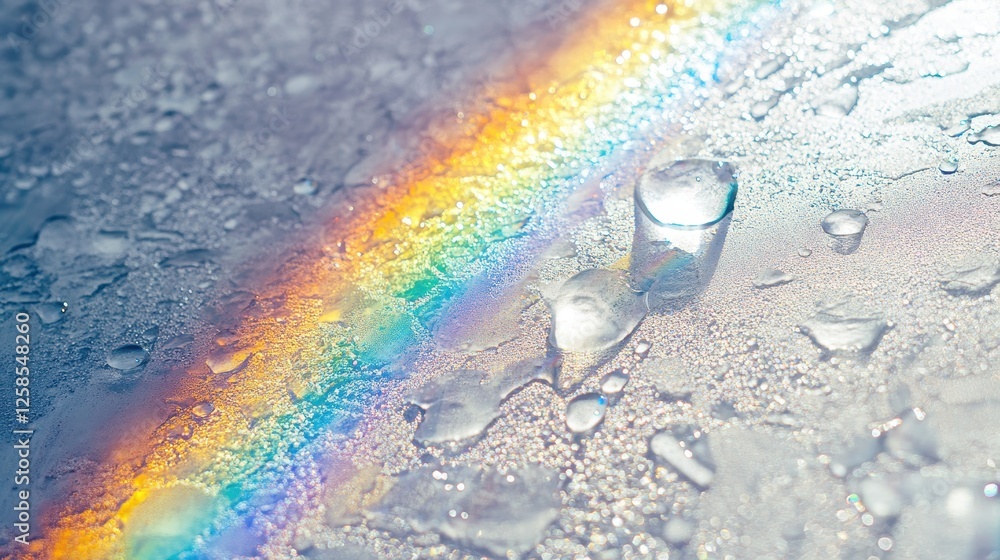 Poster prismatic display on frosty surface with ice droplets reflection