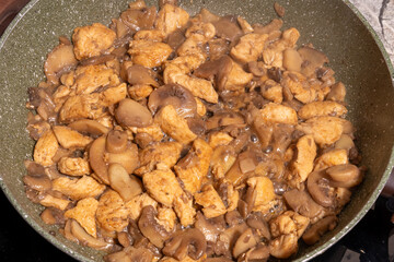 A close-up view of a pan filled with cooked chicken pieces and sliced mushrooms.