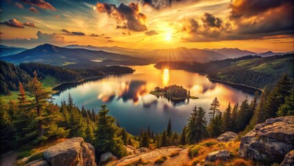 Vintage Sunset Lake View from Mountain Peak - Breathtaking Panorama