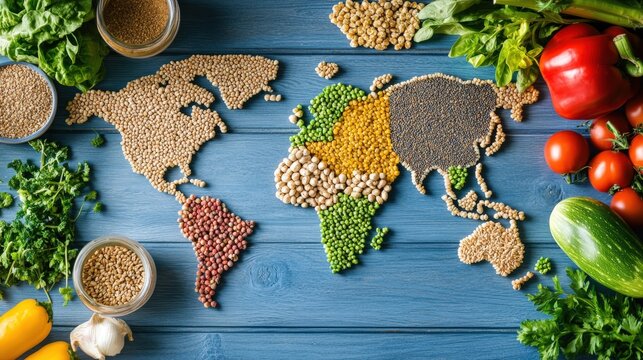 World map created with various grains beans vegetables and food items for world food day concept - Powered by Adobe
