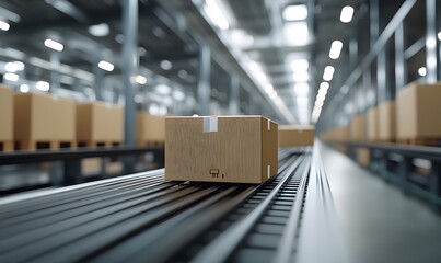Cardboard boxes moving on conveyor belt in a large warehouse for shipping and logistics