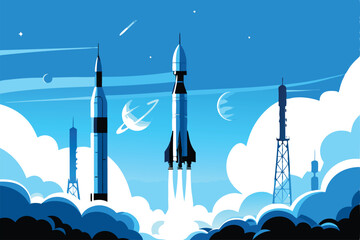 Create a dynamic vector background showcasing futuristic rockets launching into space, representing the vibrant aerospace industry.  Illustrate technological advancement and exploration.