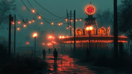 Figures walk past a fog-shrouded, red-lit carousel.