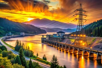 Fototapeta premium Bonneville Dam Oregon Landscape Power Lines Bokeh Sunset Stock Photo
