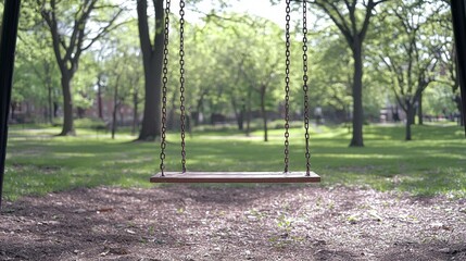 Empty Swing Set in Tranquil Green Park on Sunny Day
