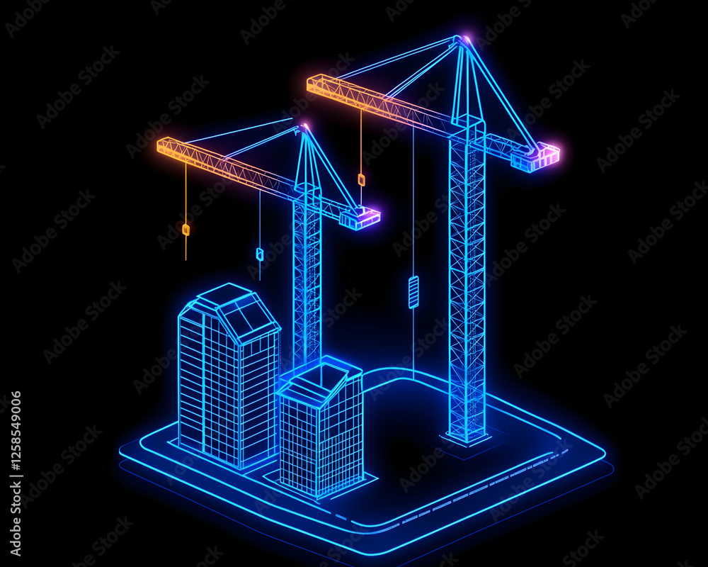 Poster holographic cranes construct urban buildings in a digital city backdrop. use web design
