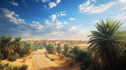 Cartoon Arabian desert landscape with sand dunes and palm trees, road leading to city or village, blue sunny sky with clouds. Vector illustration of egyptian panorama scene with city buildings.
