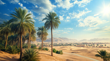 Obraz premium Cartoon Arabian desert landscape with sand dunes and palm trees, road leading to city or village, blue sunny sky with clouds. Vector illustration of egyptian panorama scene with city buildings.