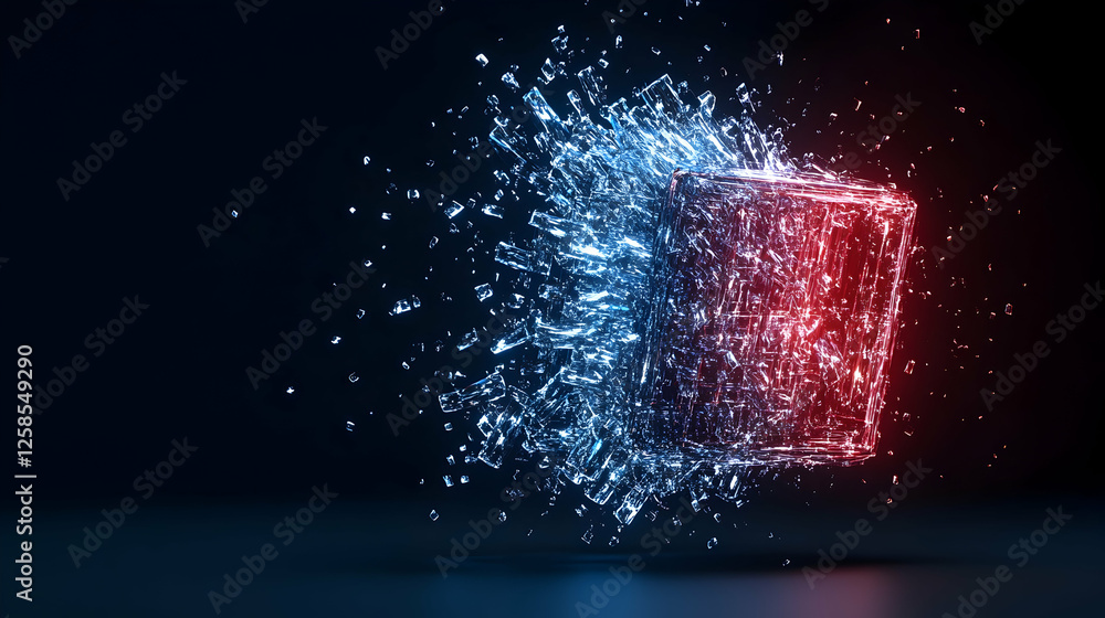 Poster ice breaking. cube shatters, explodes on dark gradient background. useful for cooling or freezing ad