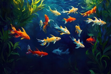 Fototapeta premium A school of colorful fish swimming around an abstract, organic sculpture made from glass and plastic in the center of a large aquarium filled with clear blue water.