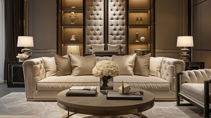 Cozy contemporary living space featuring a plush sofa, elegant decor, and warm ambient lighting
