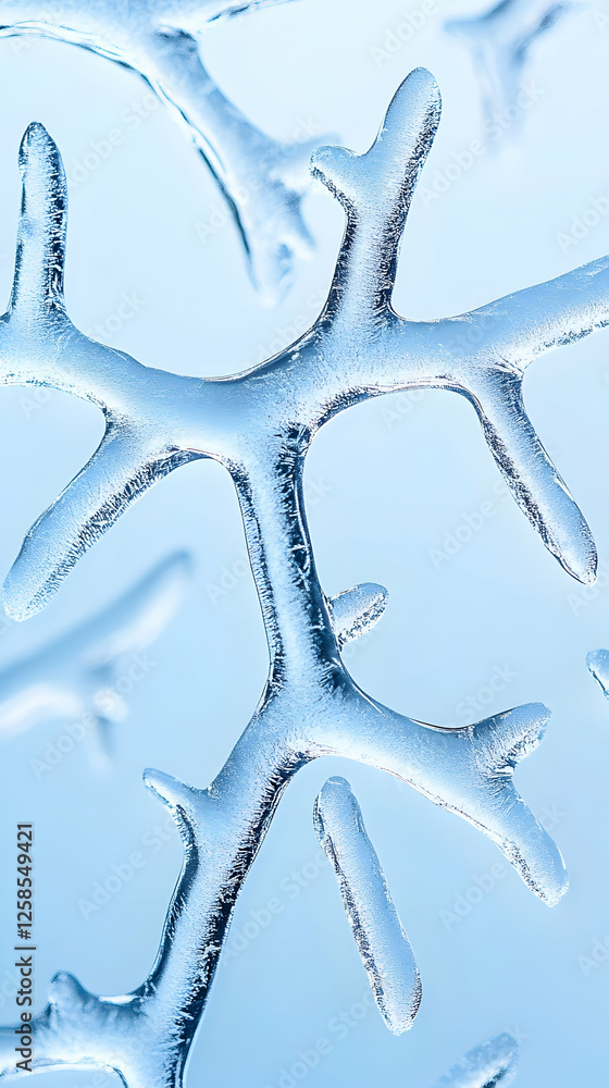 Poster ice formations create unique patterns on frozen branch. winter theme for weather, nature visuals