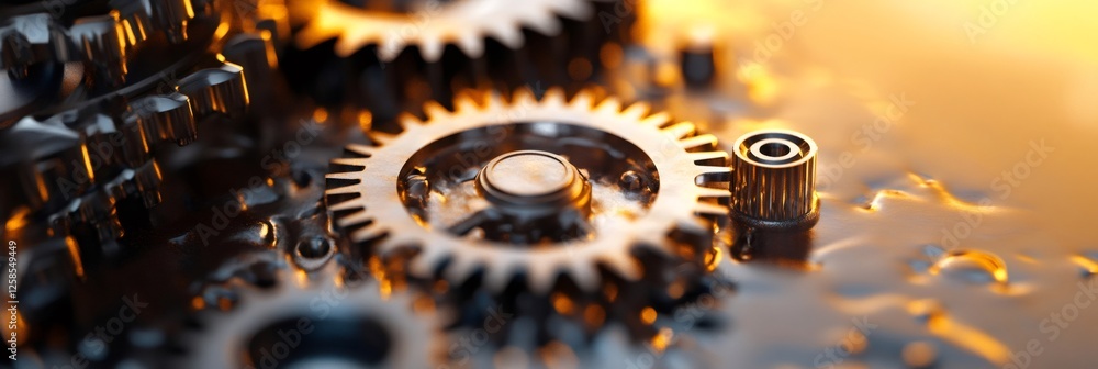 Poster Close up view of interlocking metal gears rotating smoothly, bathed in a warm golden light, creating an intricate and captivating abstract industrial background