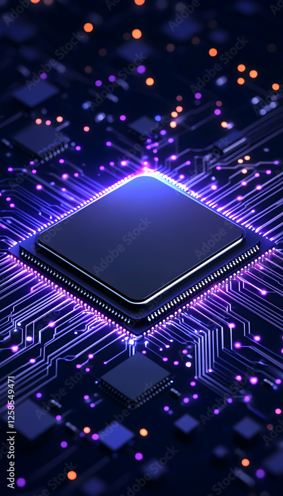 Poster illuminated chip central processor unit for innovation and data, blue electric circuit background